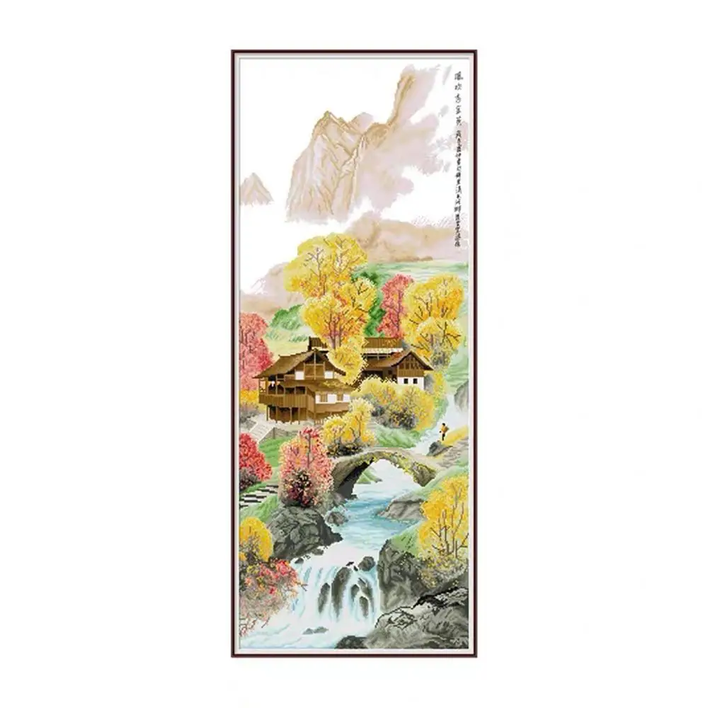 

Autumn Mountain River Landscape VerticalPainting Stamped Cross Stitch Kit Embroidery needlework set