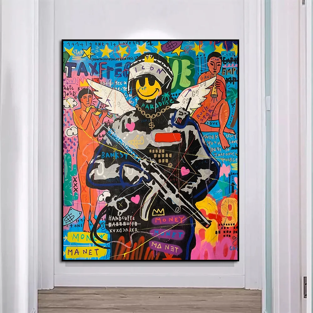 

Smiling Soldier Graffiti Banksy Canvas Painting Street Pop Art Posters And Prints For Living Room Wall Modern Home Decor Picture