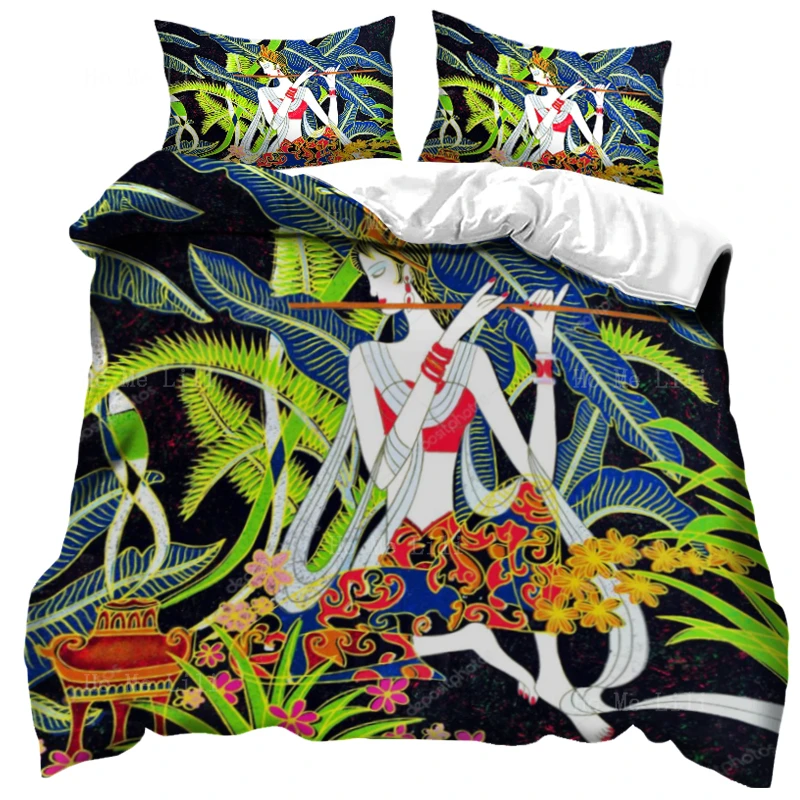 

Vietnamese Girl Playing The Flute Long Leaf Background Traditional Folk Arts Duvet Cover By Ho Me Lili With Pillowcase