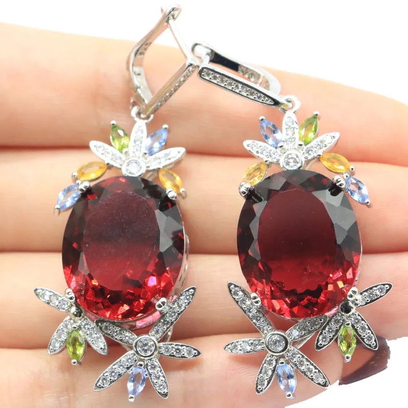 

61x25mm Multi Color Big Oval Gemstone Created Pink Tourmaline Citrine Peridot Women Dating Daily Wear Silver Earrings Daily Wear