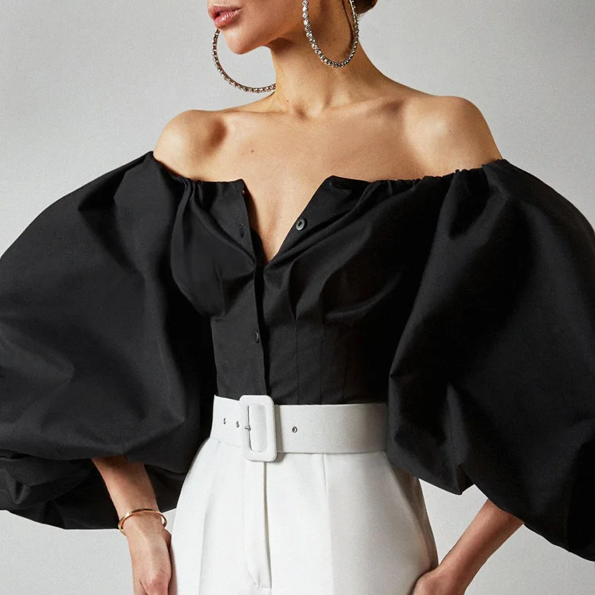 

French Temperament 2022 Spring and Summer New Design Sense Bubble Lantern Long-Sleeved Leaking Shoulders Women'S Shirt