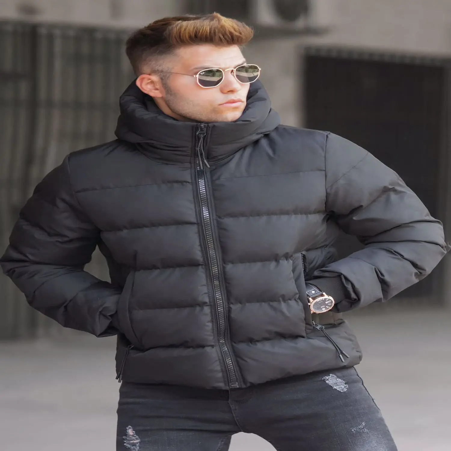 Male Tan Inflatable Coats Winter warm men jacket coat casual autumn stand collar puffer thick şapka down filled jacket