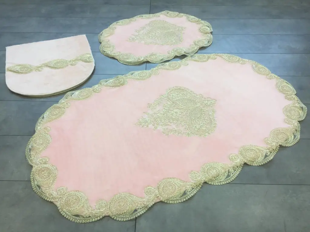 

Bonny Home Shall Gold Pink 3 Pieces Laced Plush Bath Mat Non Slip Leather Based Machine Washable French Lacy Rug set