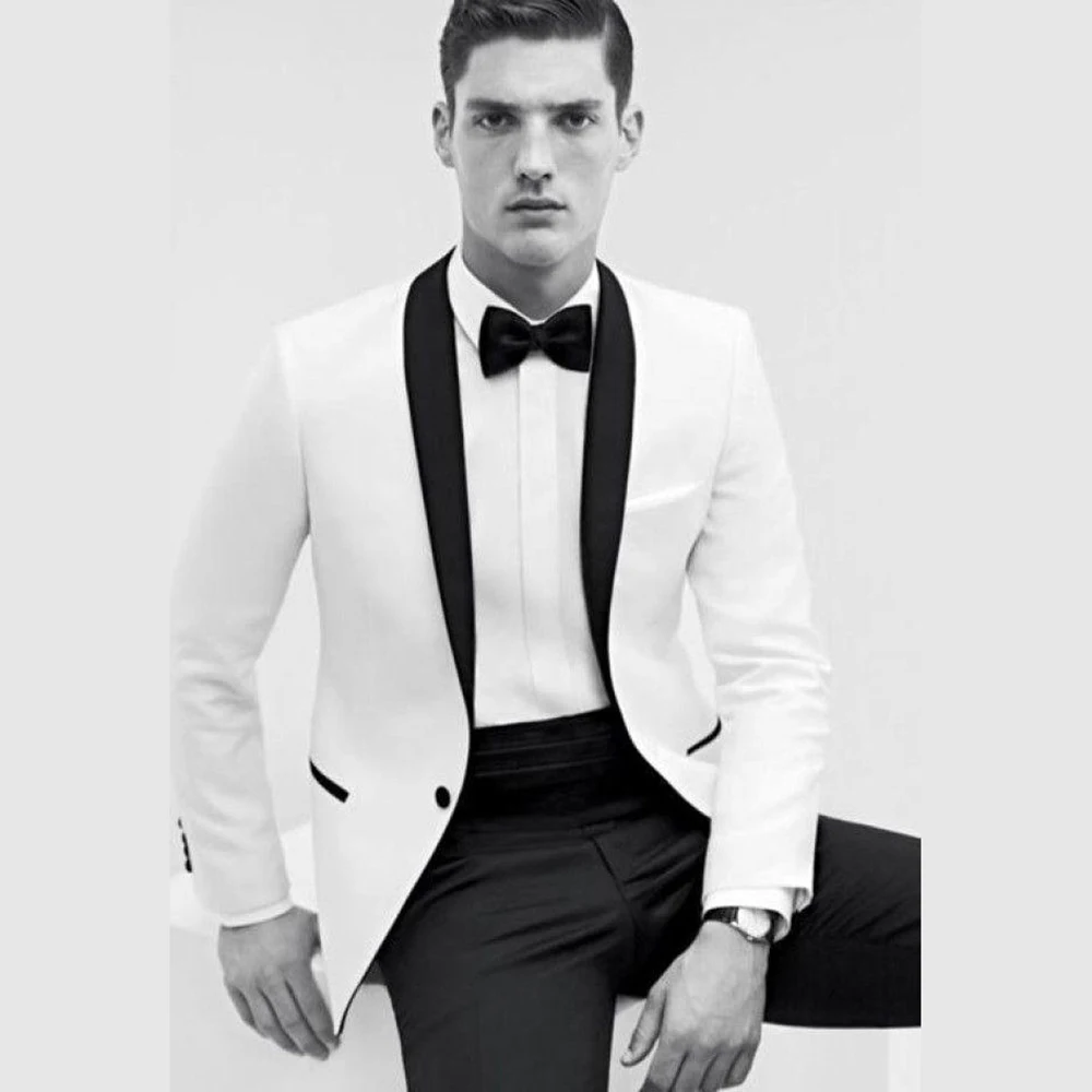 

High Quality One Button White Groom Tuxedos Shawl Collar Groomsmen Best Man Men Wedding Suits (Jacket+Pants+Bow Tie+Girdle)