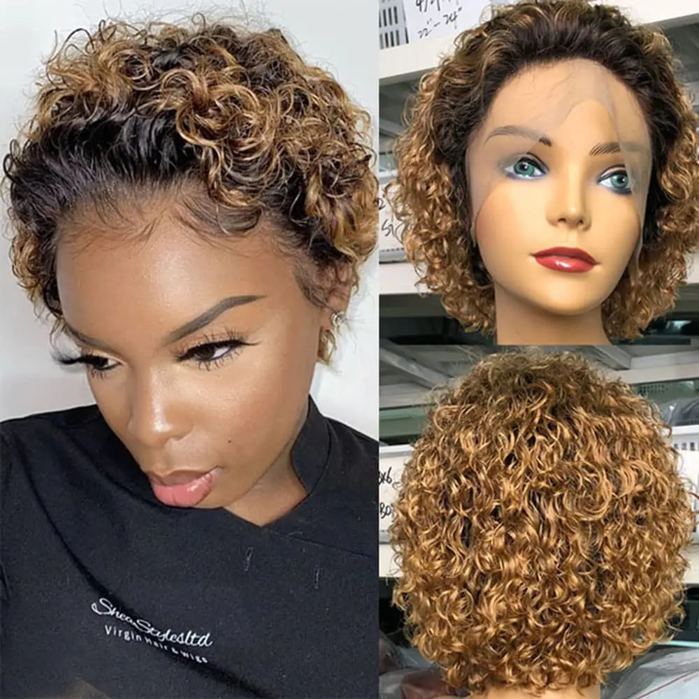 

1B27 Curly Honey Blonde Pixie Cut Wig Human Hair 150% Density Deep Wave 13x1Pre Plucked Lace Front Short Bob Wigs For Women