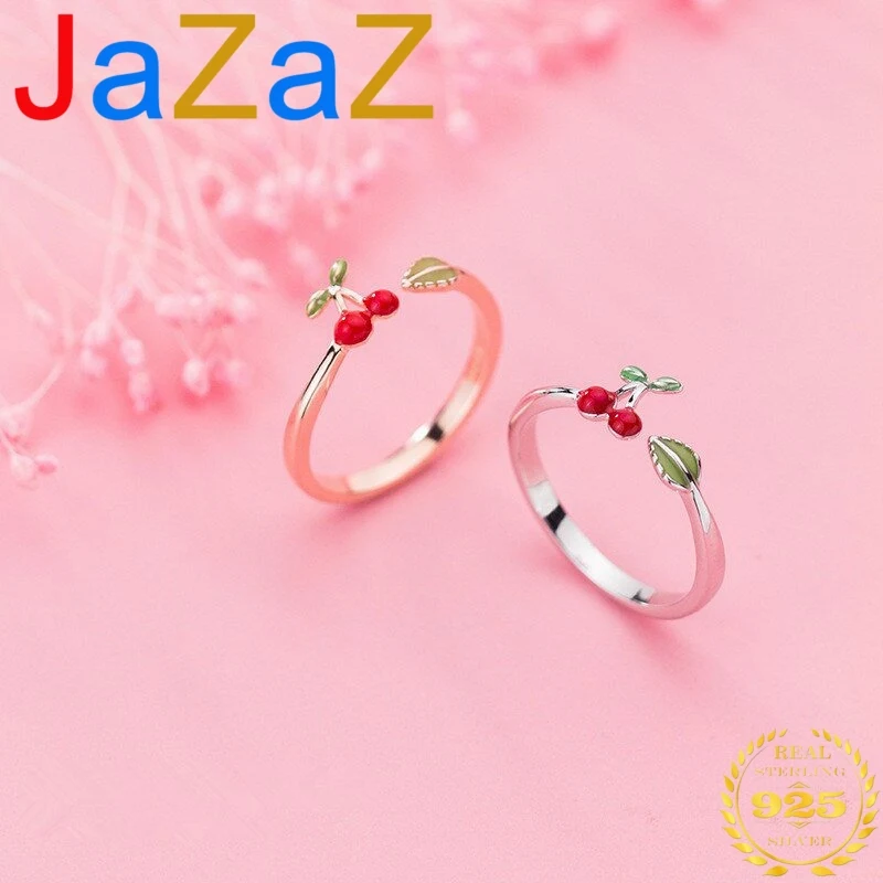 

A00734 Jazaz New Fashion Korean Sweet Red Cherry Adjustable Ring for Women Genuine 925 Sterling Silver Party Wedding Jewelry