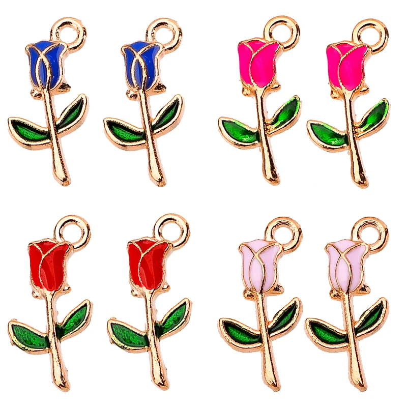 

20Pcs/Set Multicolor Red Rose Purple Blue Pendant Cute Flowers Charms for Jewelry Making Supplies Enamel Alloy Accessories
