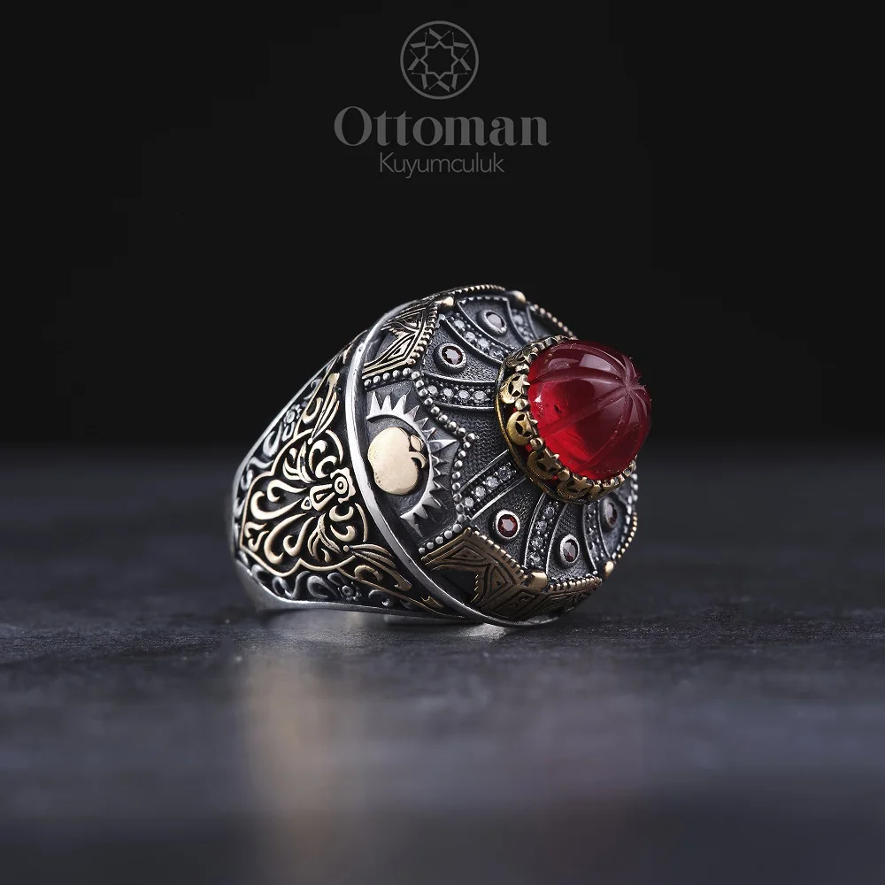 Red Amber Otag Sİlver Men Rİng Ottoman Jewelry Ring Red Amber Rİng Adjustable Sİlver Ring Moon Star Ring Red Apple Ring