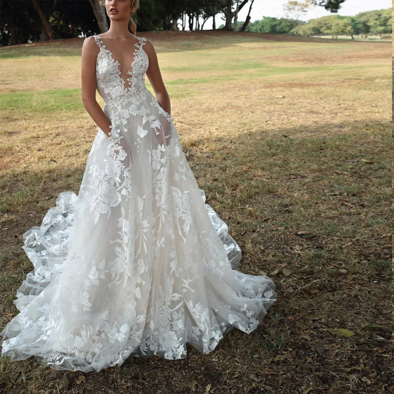 

Романтическое кружевное свадебное платье CloverBridal, свадебное платье с открытым вырезом и цветочным рисунком, с карманами WW8382