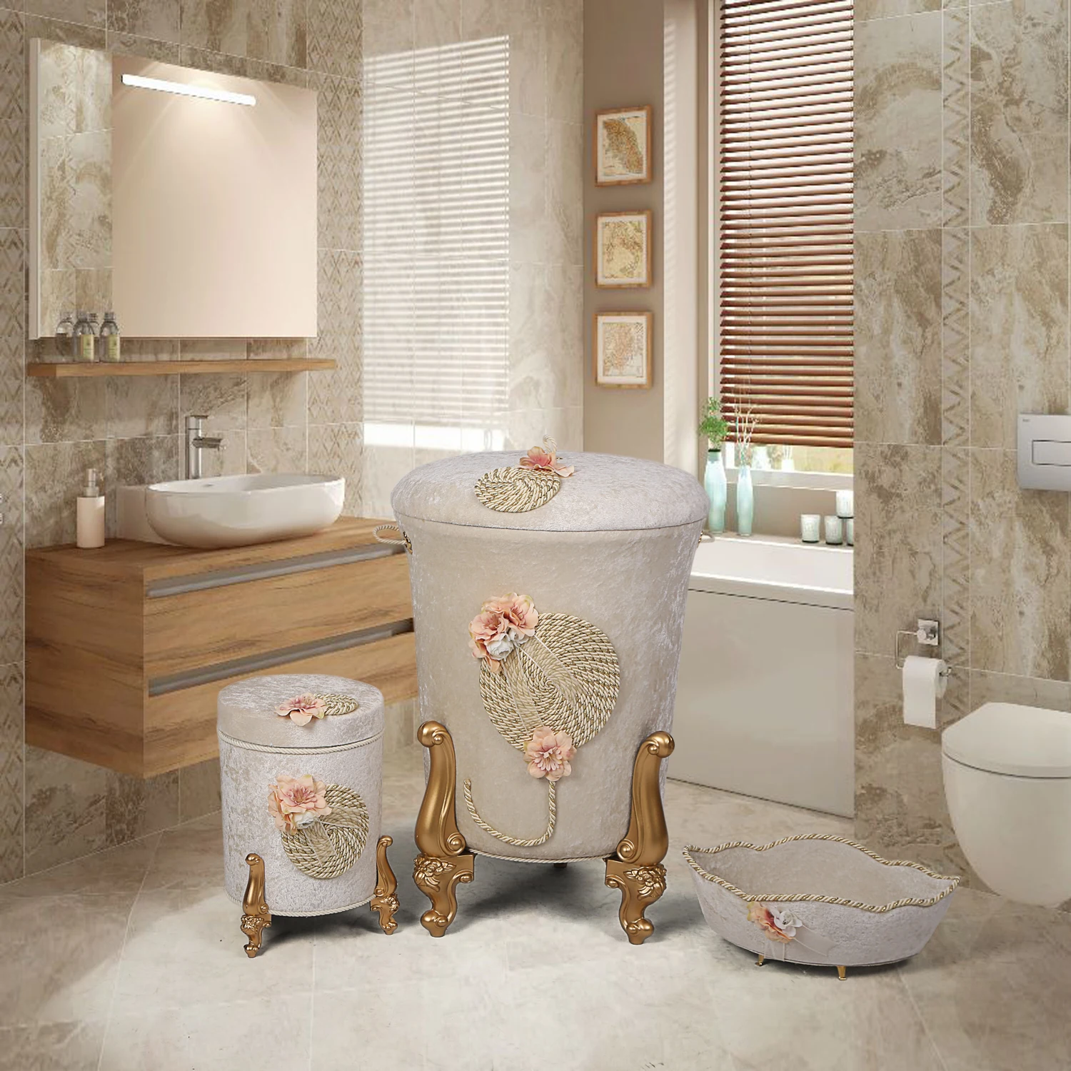 

Bonny Home домашняя бежевая корзина для белья из 3 предметов для белья, держатель для полотенец, коробка для моющих средств, органайзер для хране...