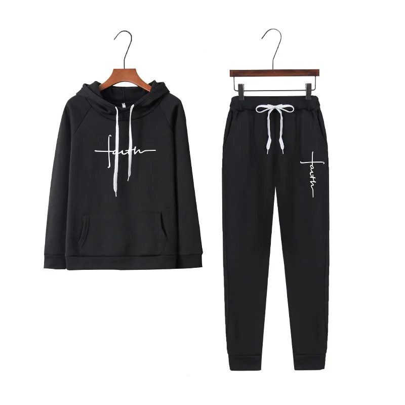 

2021 Autumn Winter Women Faith tracksuit thick fleece 100% cotton suit 2 pieces sets hoodies swe