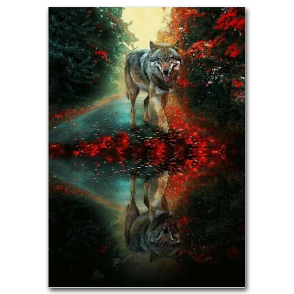 

Full Square Diamond Painting Wolf Reflection 5D DIY Diamond Mosaic Animal Embroidery Cross Stitch Rhinestone Picture Craft