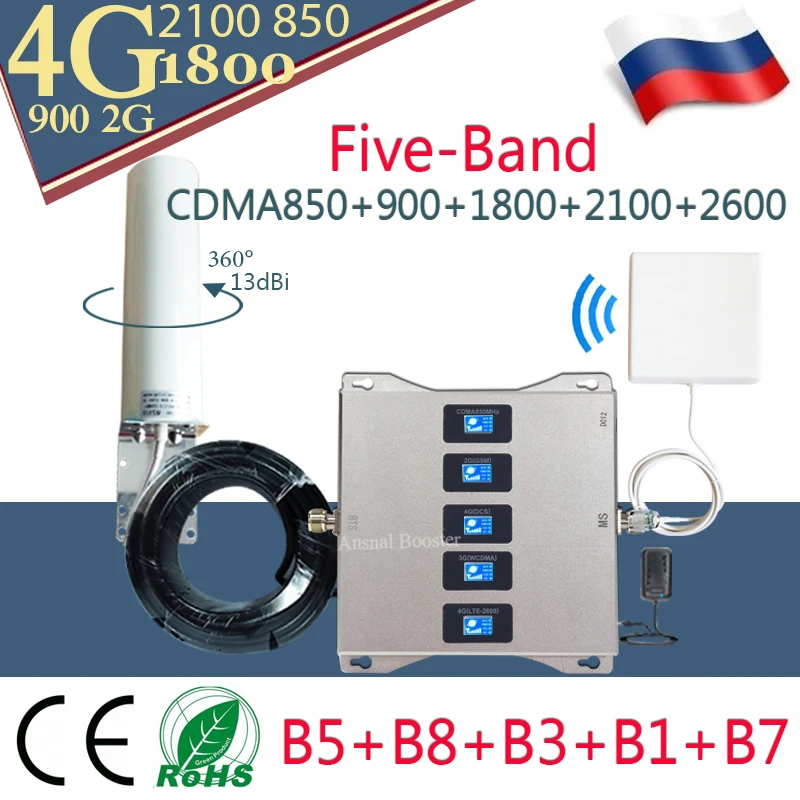 Усилитель сотового сигнала 5 диапазонов 2020 850 900 1800 2100 2G 3G 4G ретранслятор GSM