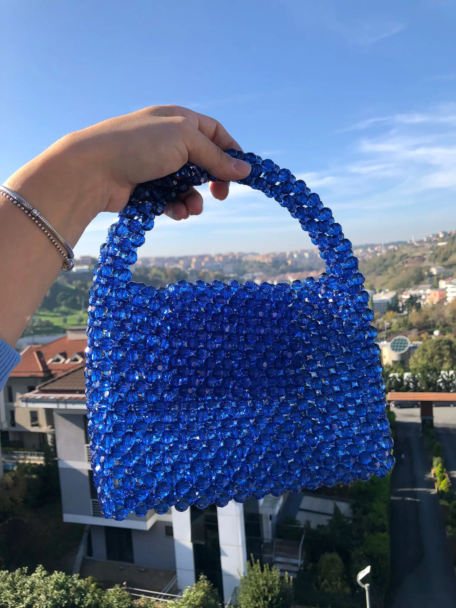 Blue Color Customized Design Woman Beaded Shoulder Bag Handmade Luxury High Quality Upper Handle Top Transparent Crystal Pearl
