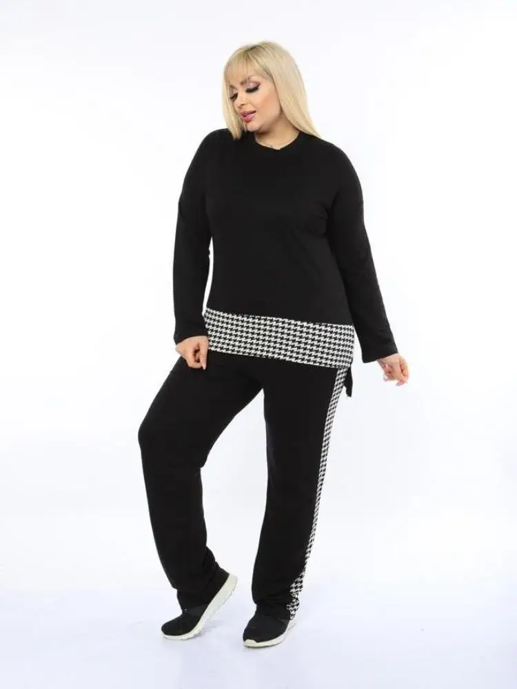 

Plus Size Two Pieces Sets Women Outfits Track Suit 2022 Black Striped Long Sleeve Two Ply Fleece Made in Turkey XL 2XL 3XL 4XL