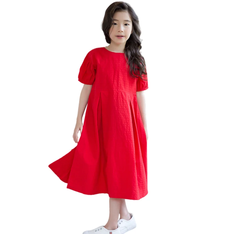 Детское Хлопковое платье макси красное плиссированное с коротким рукавом в