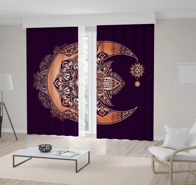 

Curtain Golden Crescent Moon and Sun Mandala Mstrology Magic Symbol Floral Art Printed Purple Brown