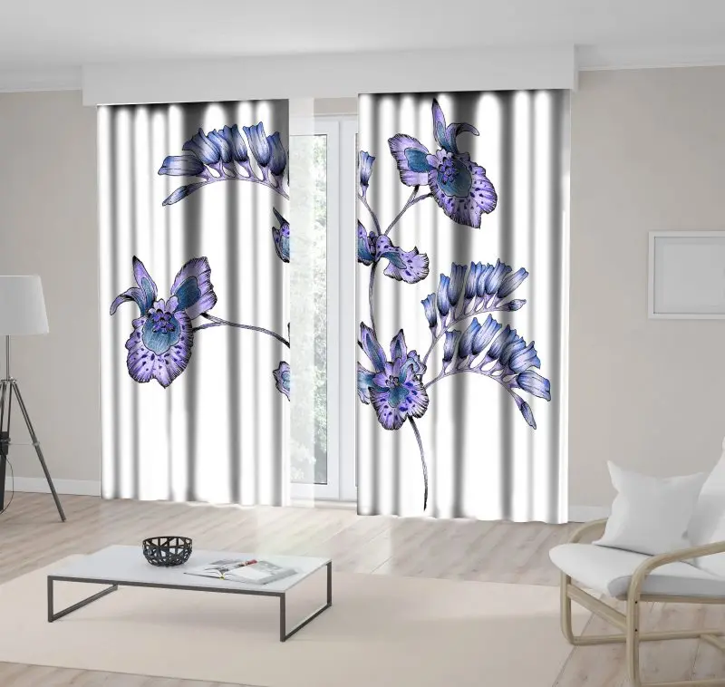 

Curtain Orchid Flower Branch Natural Antique Decorating Floral Artwork Printed Blue Purple White