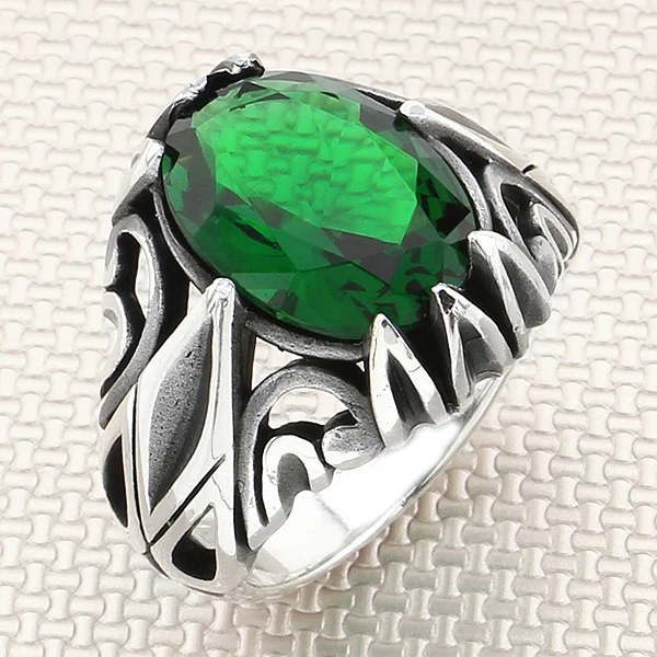 

Rhombus Pattern Oval Green Zircon Gemstone Men 925 Sterling Silver Ring Jewellery Handmade Natural Gemstone Men Ring Jewelry