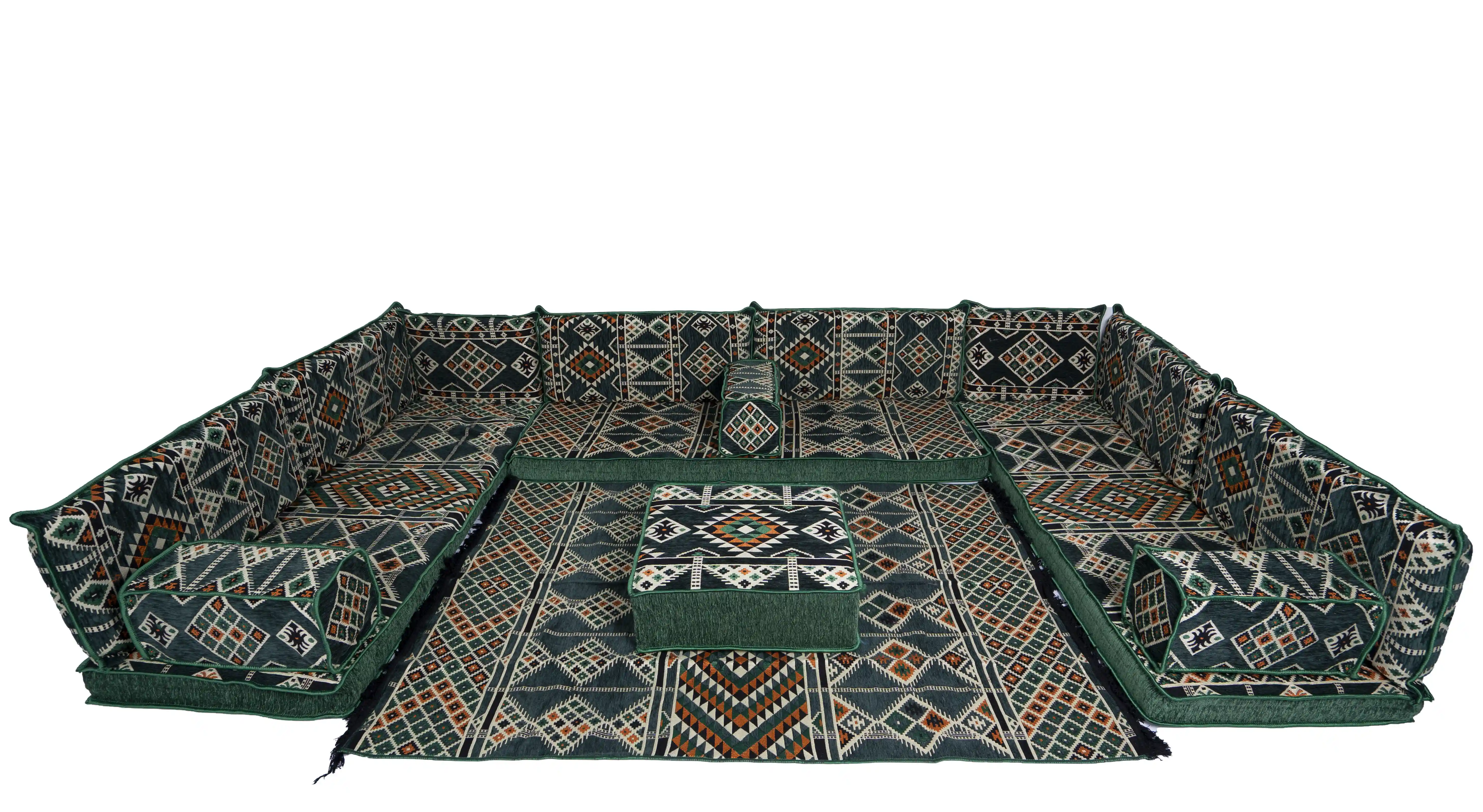 Asientos de sofá de esquina, cojines de suelo, Majlis árabe verde, juego de sofá árabe en forma de U, almohadas de suelo, asientos de piso Oriental, Árabe