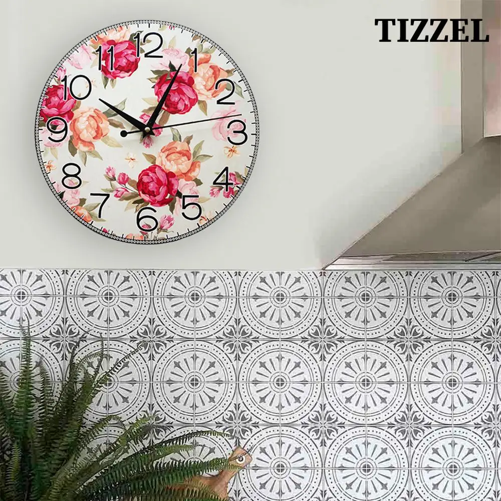 Часы настенные Peonies TIZZEL Wall Clock Wood Vintage Modern Design Antique Style For Home Living Room Kitchen 30 cm | Дом и сад