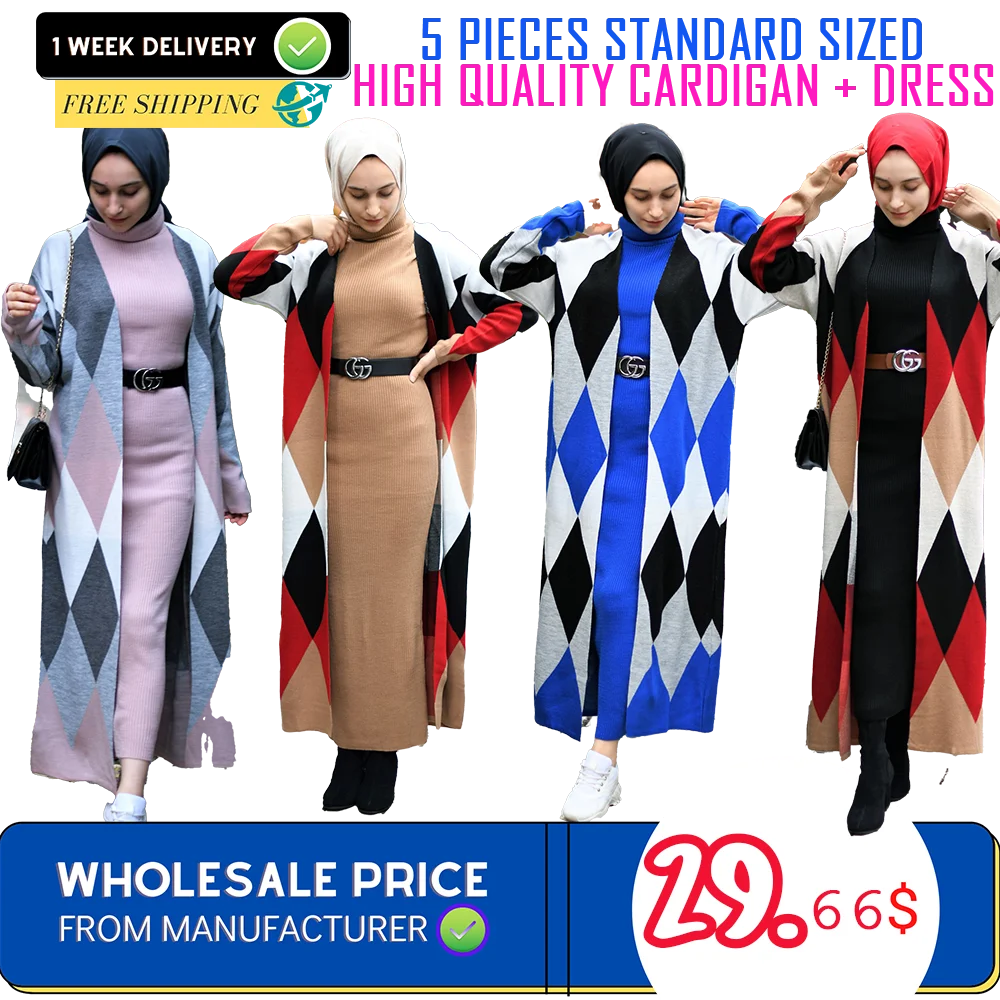 2 Piece Women's Knitted Maxi Winter Set Long Sleeve Knitwear Dress and Cardigan Diamond Colored Pattern  Muslim Fashion 2021