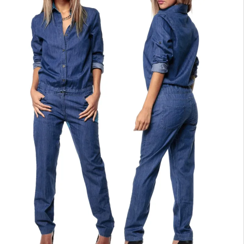 Женский джинсовый длинный комбинезон на пуговицах повседневный Модный