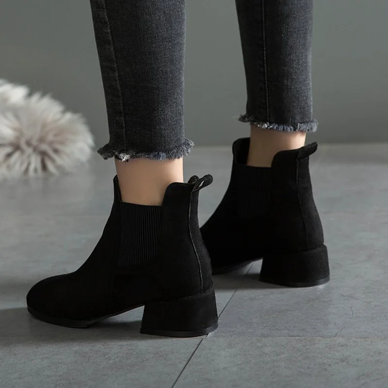 Autumn Winter Suede Ankle Boots Women Fashion Chelsea Boots Square Toe Thick Heel Short Boots Ladies Casual Shoes Size 35-41