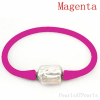 7 inches 10 16mm one aa natural square baroque pearl magenta elastic rubber silicone bracelet