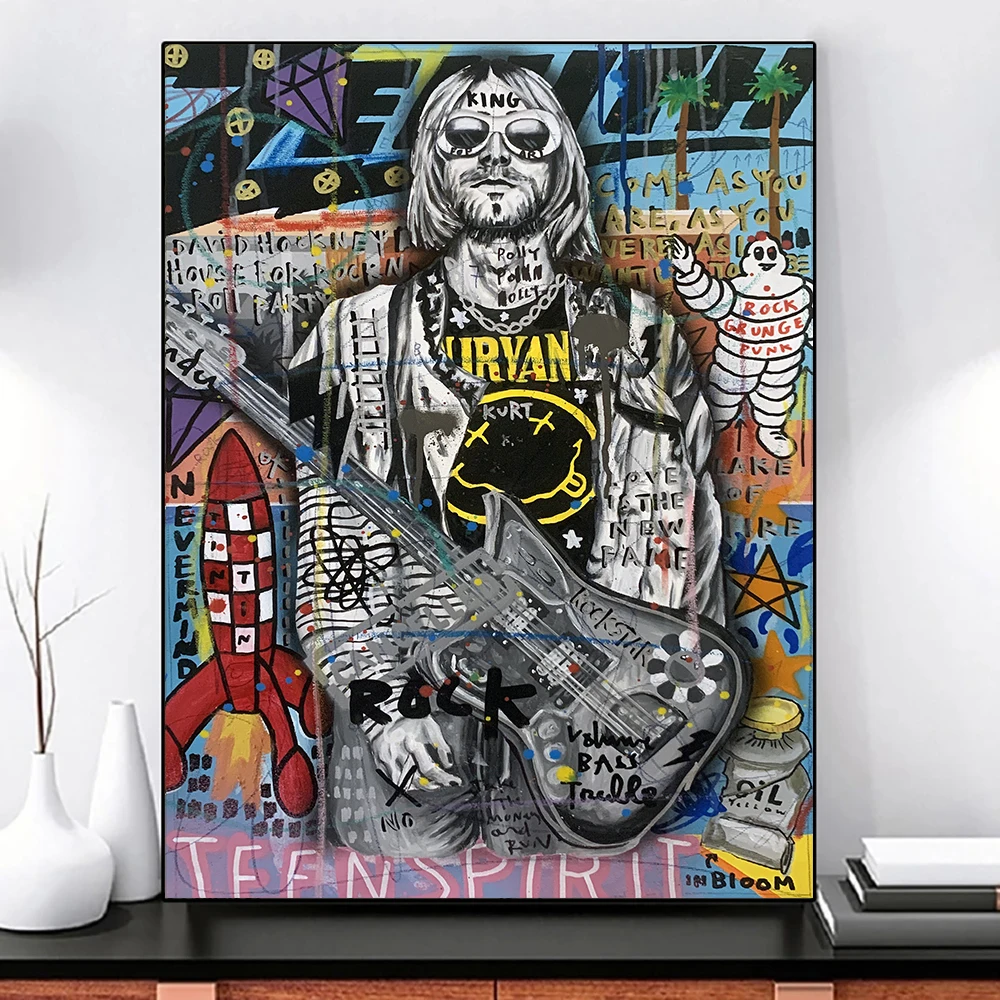 Poster and Prints Graffiti Street Art Rock singer Kurt Cobain Canvas Painting Pop Wall Picture For Living Room Home Decor | Дом и сад
