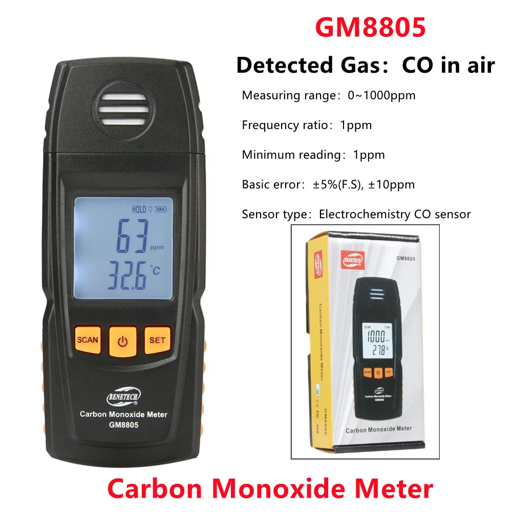 

BENETECH 0-1000ppm Digital Carbon Monoxide Meter GM8805 High Precision CO Gas Monitor Tester Handheld Gas Leak Detector Analyzer