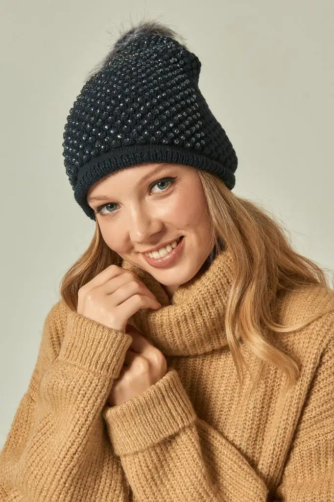 12718 фианит помпон темно-синий берет | Аксессуары для одежды