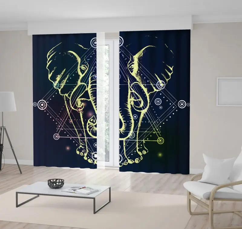 

Curtain Elephant and Sacred Geometry Line Art on Dark Background Boho Hipster Style Print Navy Yellow