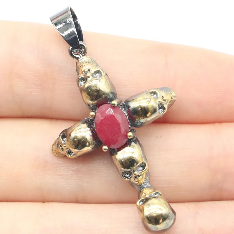 

44x24mm 2021 Neo-Gothic Skull Vintage 7g Real Red Ruby Green Emerald For Man Street Jewelry Black Gold Silver Pendant
