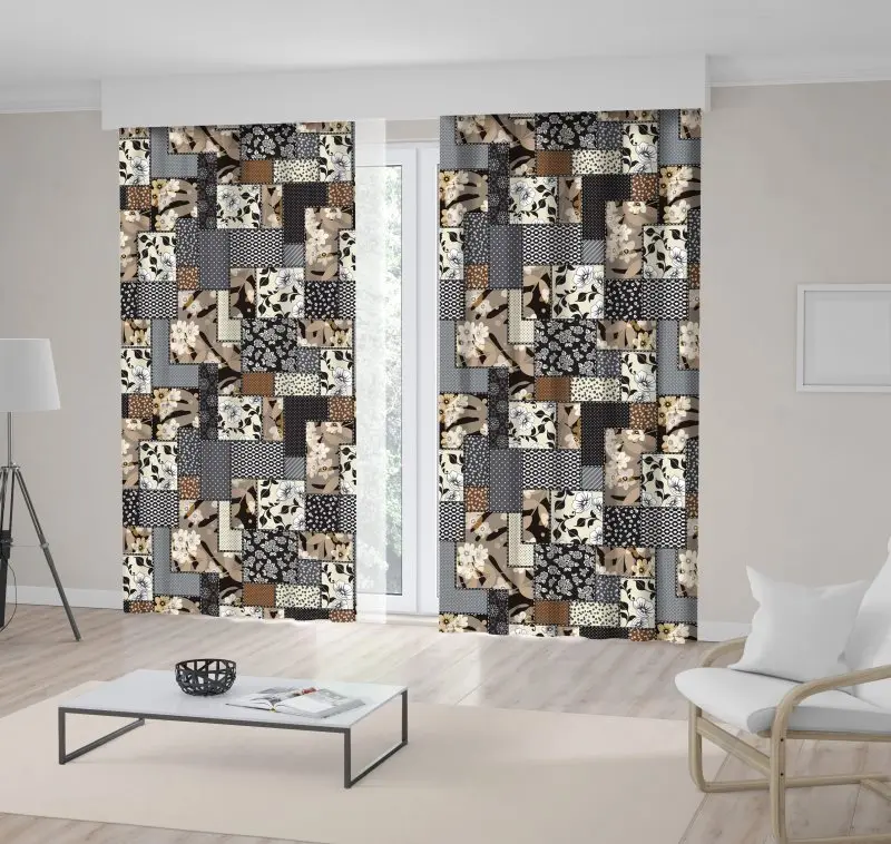 

Curtain Patchwork Pattern Floral Ornaments Stylized Flowers Leaves Dots Plants Classic Style Art Beige Grey