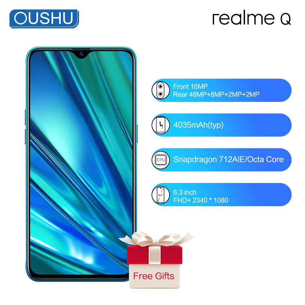 OPPO Realme Q 4GB64GB 6 3 ''мобильный телефон SDM 712AIEOcta Core Celular 48MP Quad Camreas 4030mAh VOOC 20W быстрое