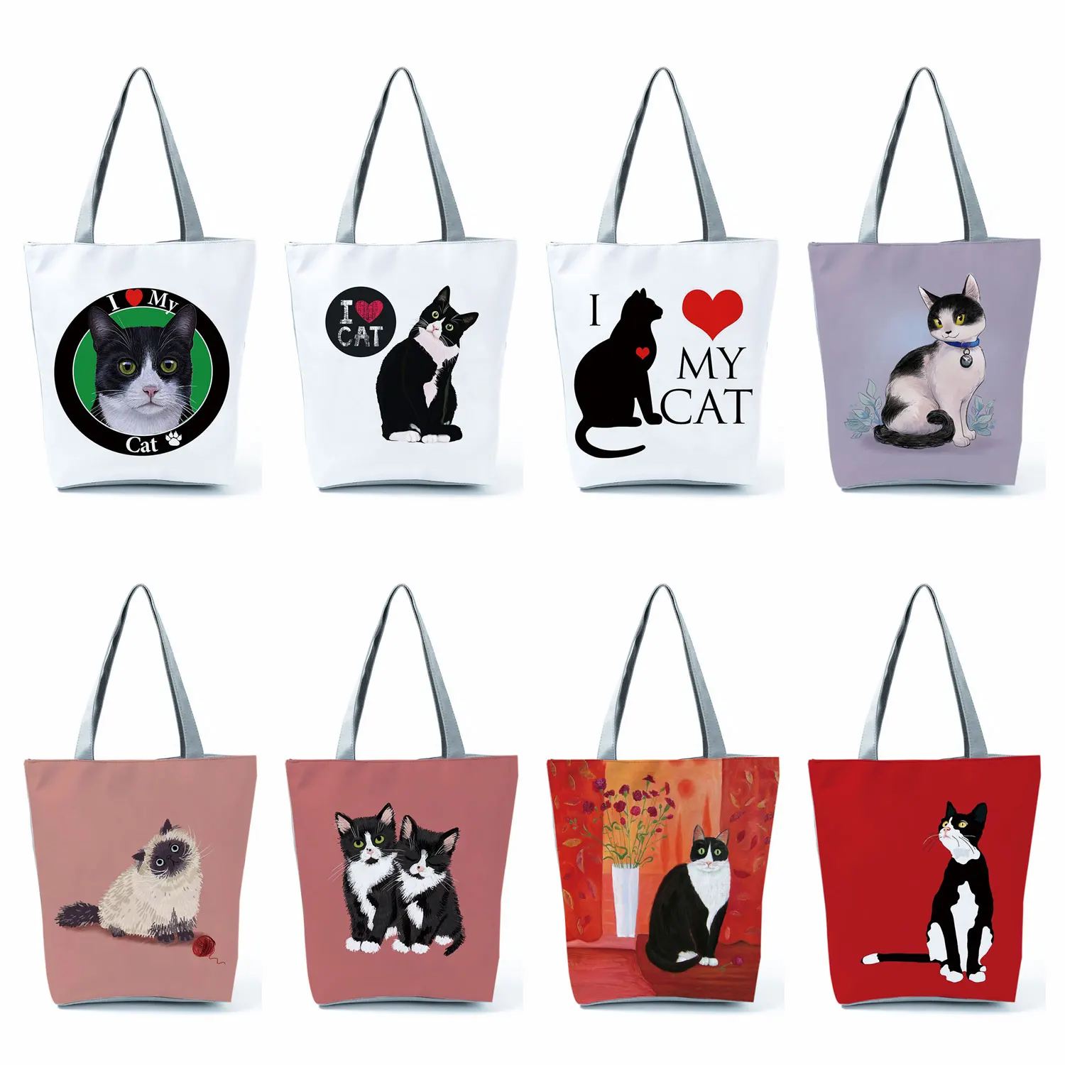 

Customize Handbgas Cute Black I Love Cat Painting Women Designer Tote Animal Graphic Eco Reusable Shopping Shopper Bags Foldable