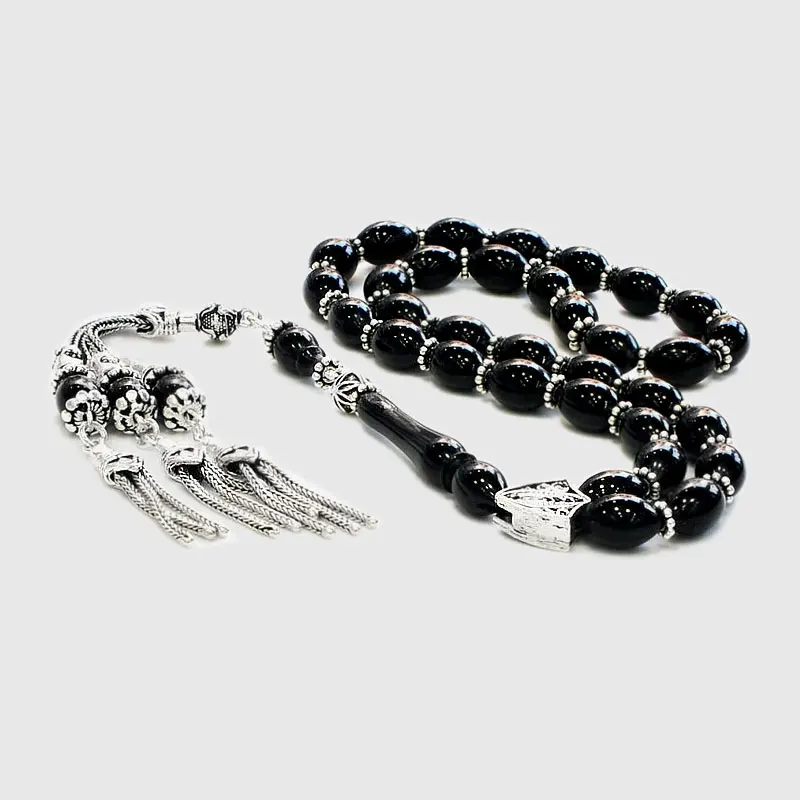 

Erzurum Oltu Rosary 7x11mm Barley Cut 925 Sterling Silver Tassel