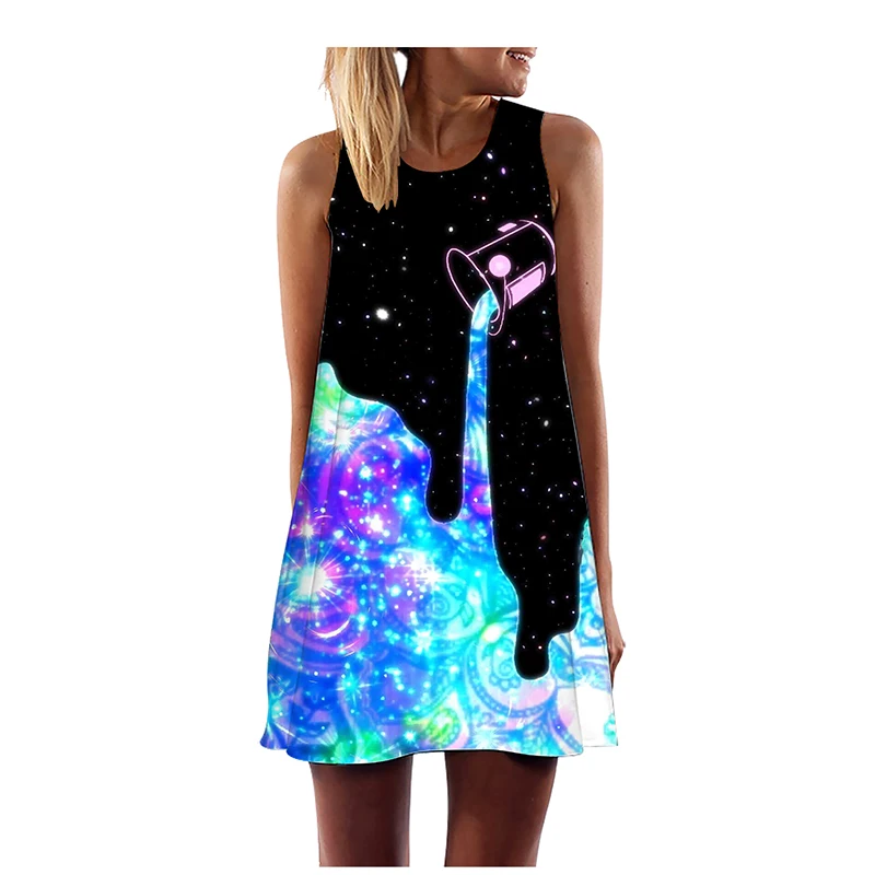 

Women Dresses Summer Fashion Galaxy 3d Print Sexy O Neck Floral Print Beach Dress Sleeveless Casual A Line Mini Dress Party