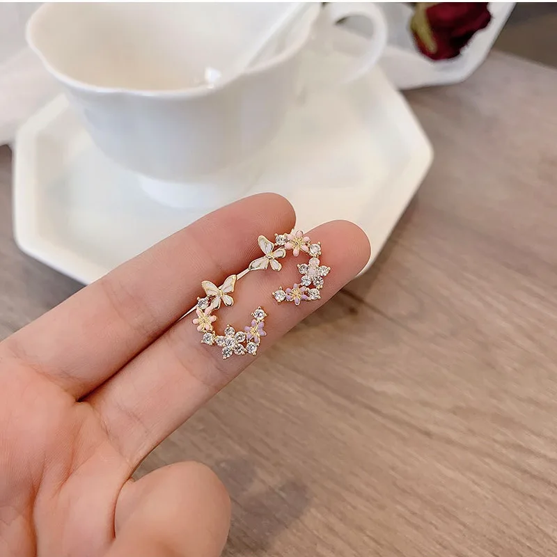 Корейские модные серьги-гвоздики с цветами и бабочками для женщин циркониевые