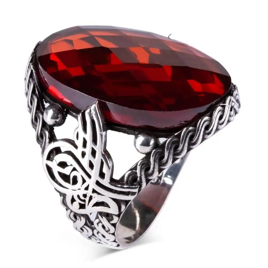 

Men Silver Ring With Big Oval Red Zircon Stone And Ottoman Tugra Motif, Made In Turkey, Solid 925 Sterling Silver