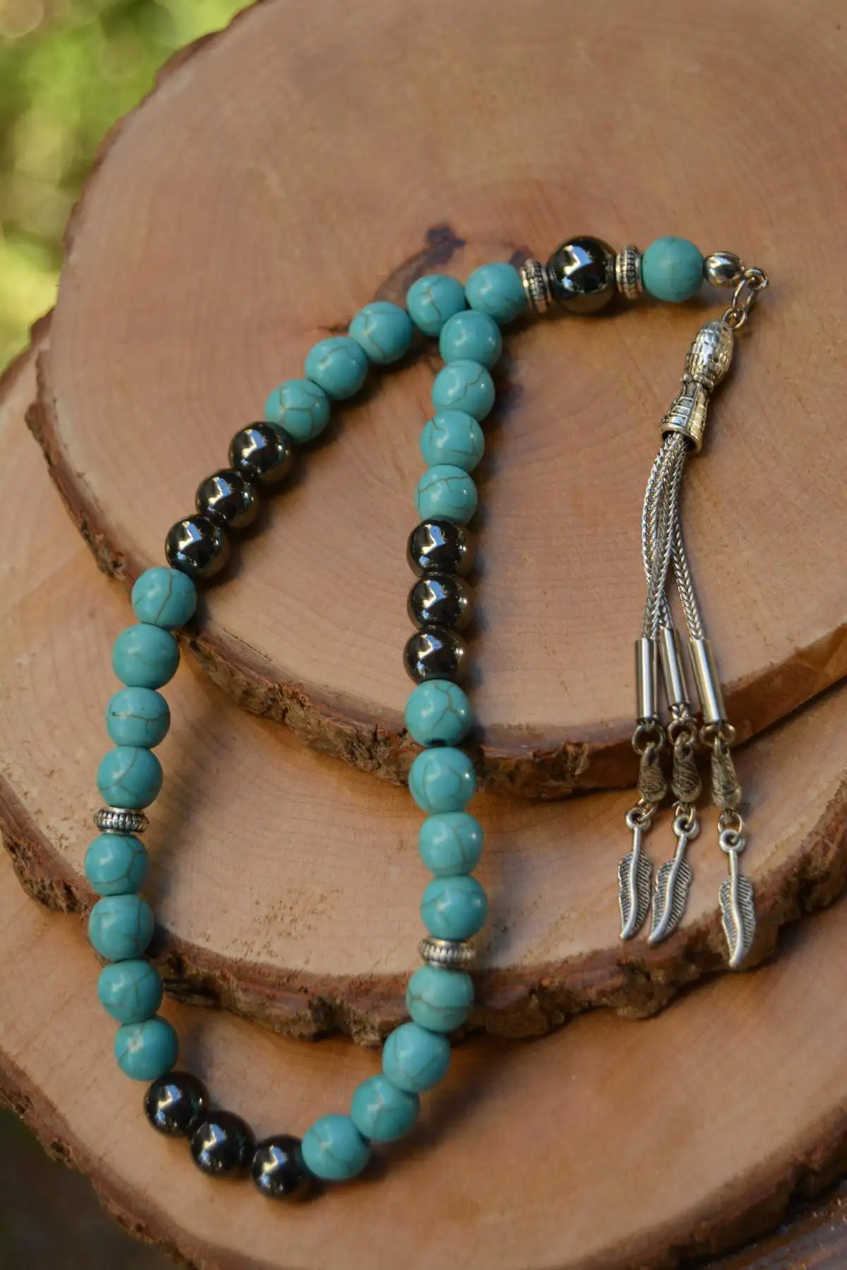 Исламская 33-х зерен Мусульманская молитва Розарий для мужчин Браслет Аксессуары, Бирюзовый и Гематит Натуральный Камень, Ручная работа.