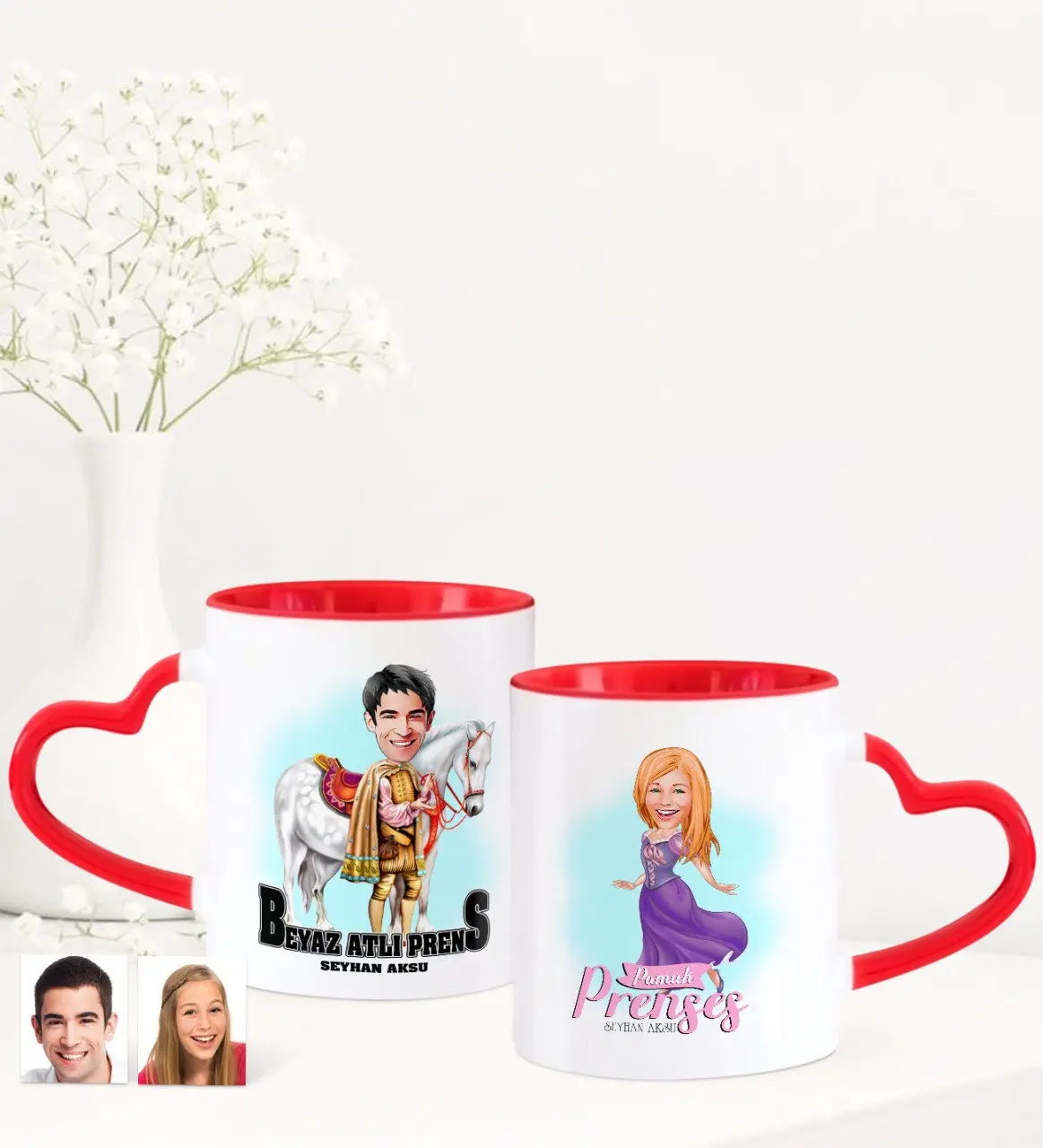 

Personalized Dual Prince Princess Caricature Of Heart Mug Set