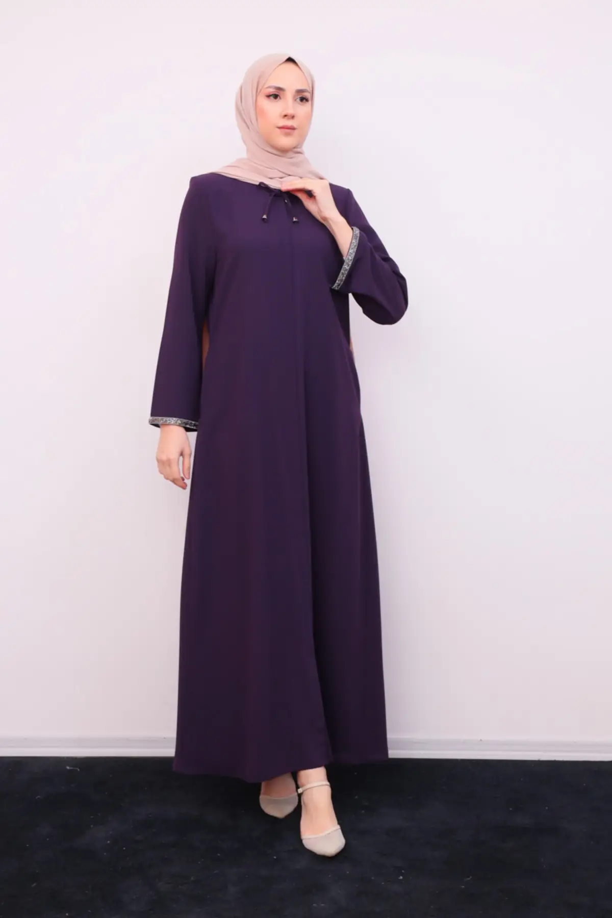 Women's Plum Purple Handle Stone Detailed Zipper Closure New Season Summer Hijab Abaya