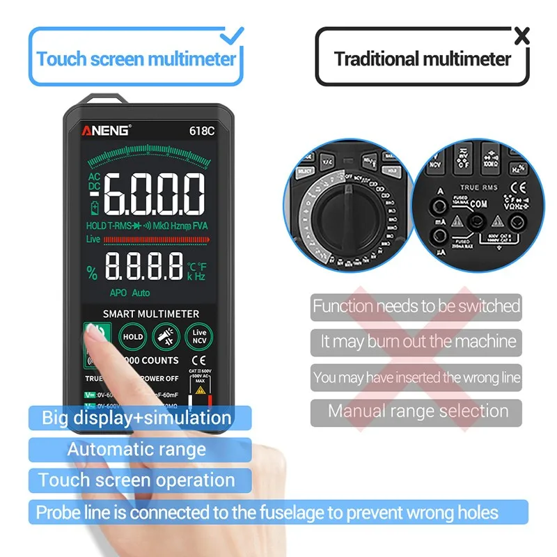 Профессиональный цифровой мультиметр 618A/B/C Smart Touch DC аналоговый бар True RMS