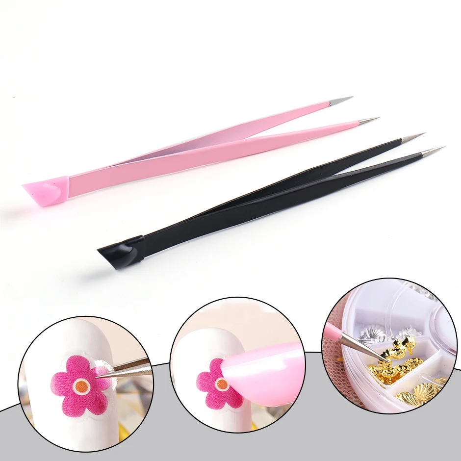 

2 Heads Nail Tools Tweezers Silicone Head Sticker Rhinestone Picker Pressing Manicure Straight Curved Nipper Accessory NTSN01-02