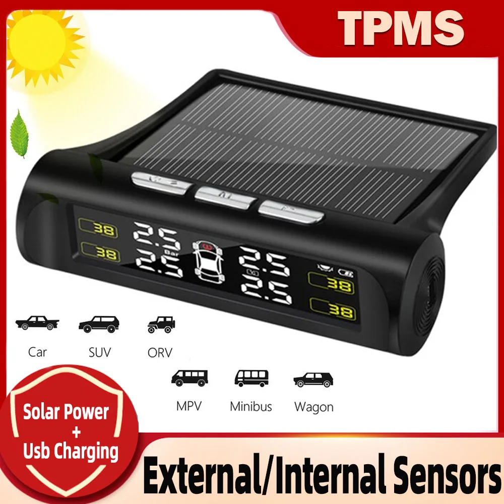 

Car TPMS Tire Pressure Monitoring System Smart Solar Power Digital TMPS LCD Display USB Auto Security with 4 Sensors