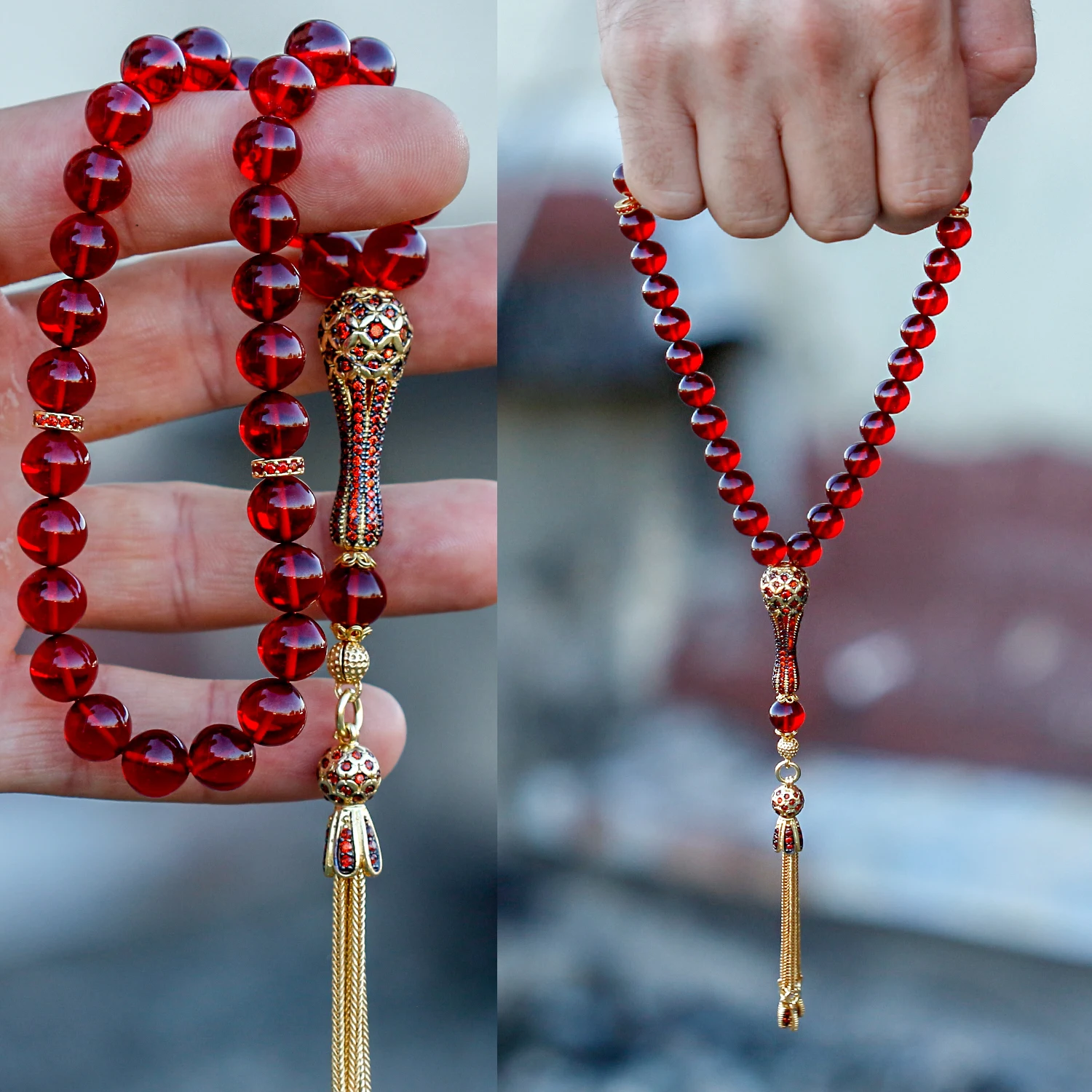

Flame Amber Tasbih with Special Zircon Design Fashion Turkish Premium Quality Handmade Jawelery
