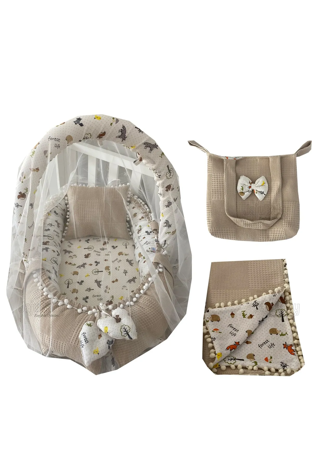 Jaju Baby Handmade Brown Pique Fabric and Muslin Fox Fabric Design PompomMosquito Net and Toy Apparatus 6 Pcs Babynest Set