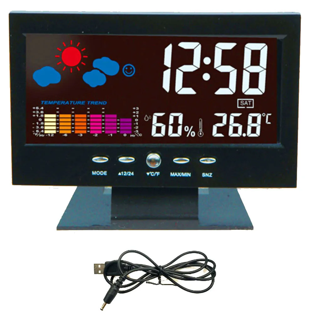 

LED Digital Table Clock Alarm Clock Loud Snooze Calendar Weather Color Display Humiture Calendar Voice-Controlled Weather Clock